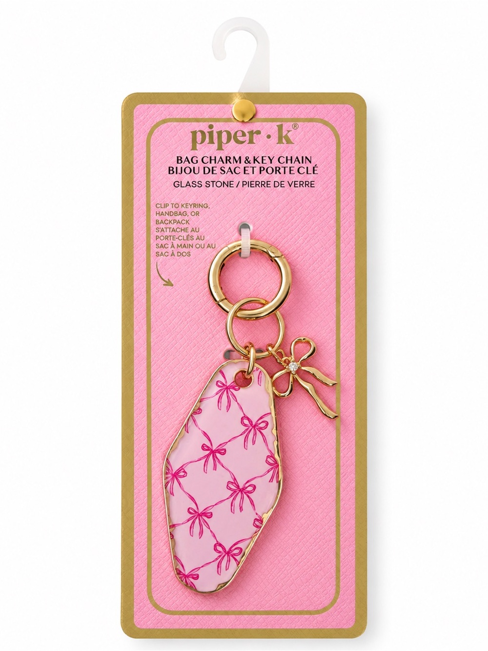 Piper Pink Glass Stone Key Chain with Gold Bow Accent